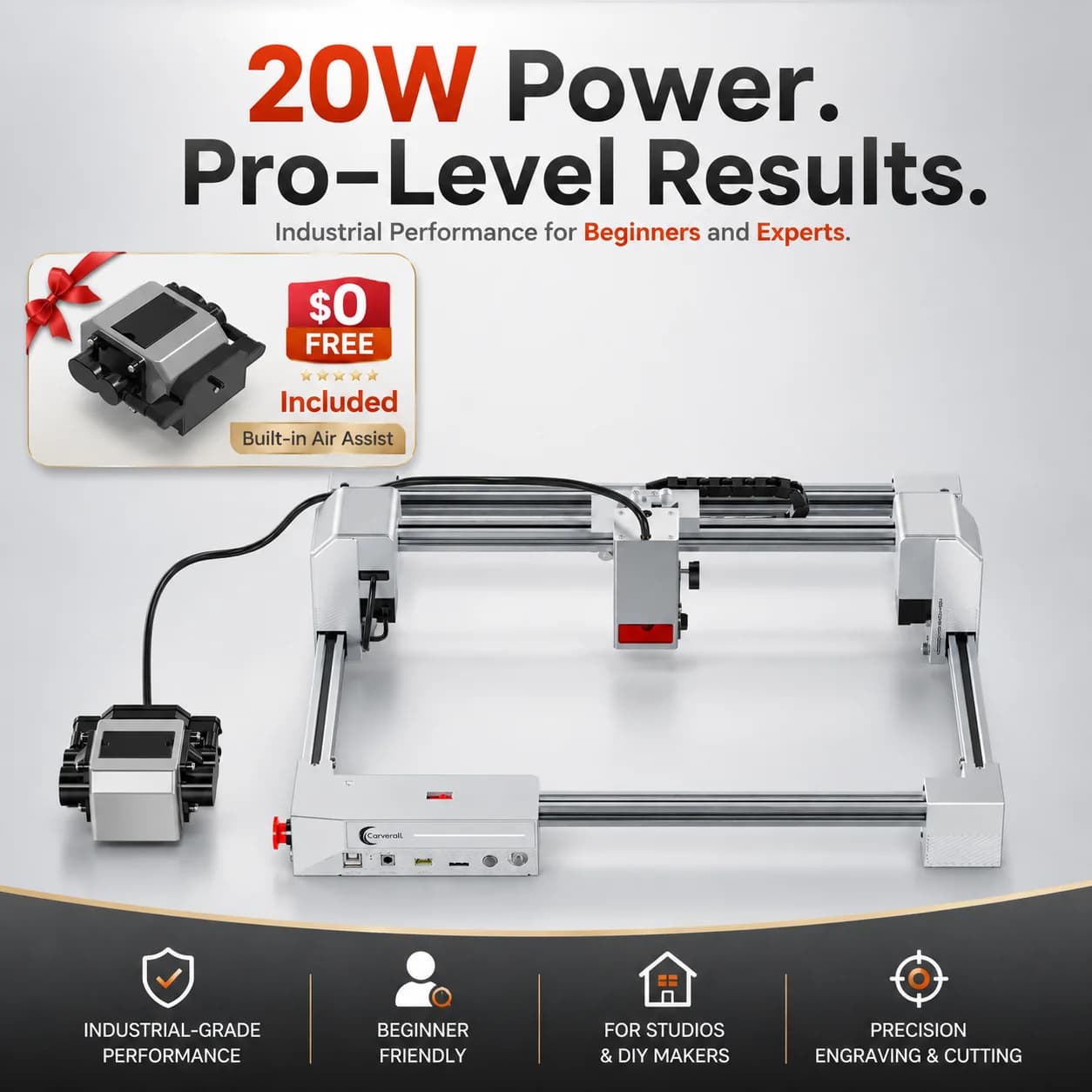 Carverall JL9 20W Laser Engraver Cutter, 300x300mm Desktop CNC Engraving Machine, Dual-Motor Air Assist, 0.01mm Precision, WiFi/App/LightBurn Smart Software, for Wood Acrylic Leather DIY Small Business