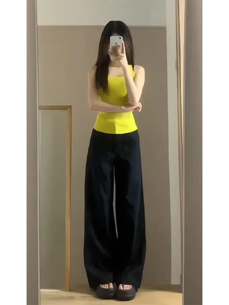 High Waist Extended American Retro Black Wide Leg Jeans Women's Spring Autumn Slim Straight Floor-Length Pants
