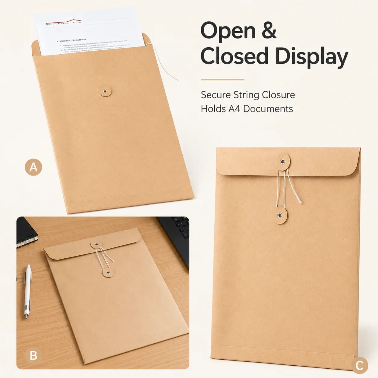DIYCustom Kraft Document Envelope, Personalized Brown Paper File Folder With String Closure, Reusable Office Paper Storage Bag