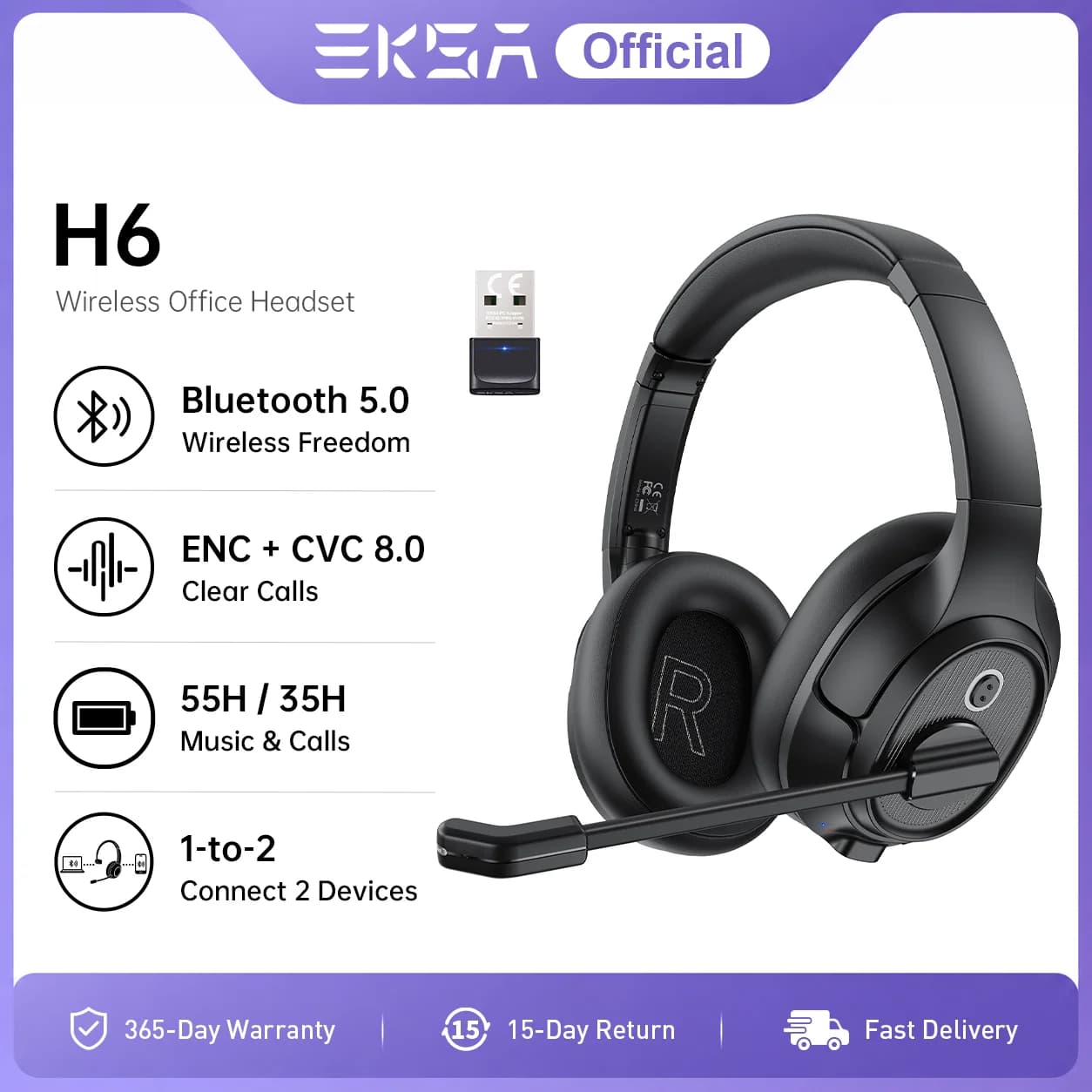 EKSA H6 Cuffie wireless Cuffie Bluetooth 5.0 con dongle USB Chiamata ENC Microfono con cancellazione del rumore 30 ore di riproduzione per computer da ufficio