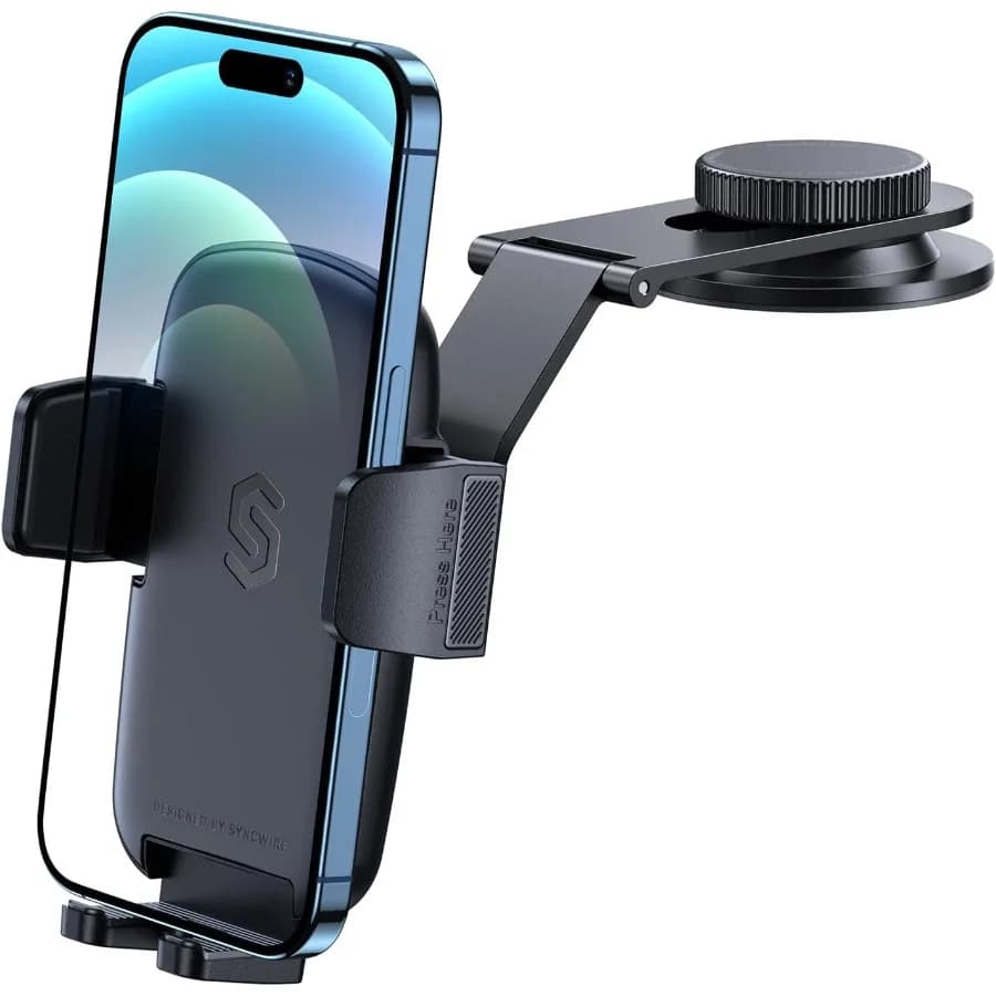 Car Phone Holder for Universal Dashboard with Super Stable Design and Foldable Aluminum Alloy Arm Compatible with iPho