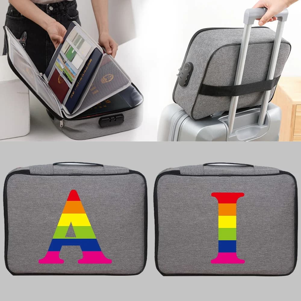 Multi-Layer Document Tickets Storage Bag New Certificate Rainbow Letter Print Organizer Card Holder Passport Briefcase with Lock