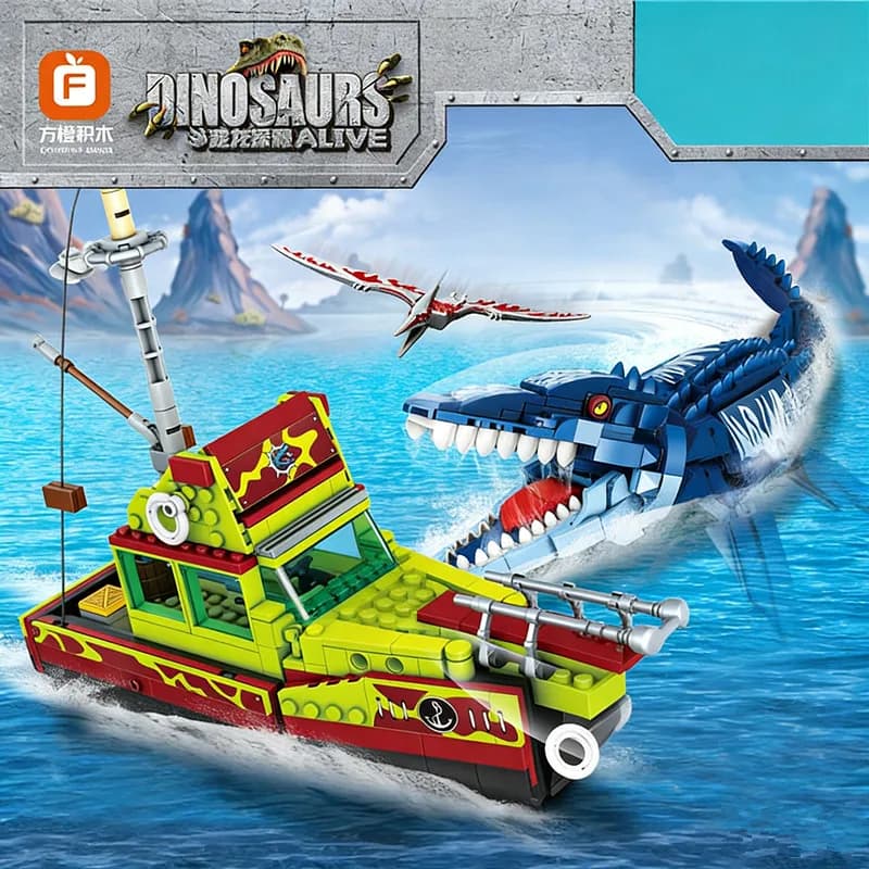 Jurassic Escape Mosasaurus Mouth Building Blocks - Regalo giocattolo educativo per bambini con dinosauro assemblato per ragazzi