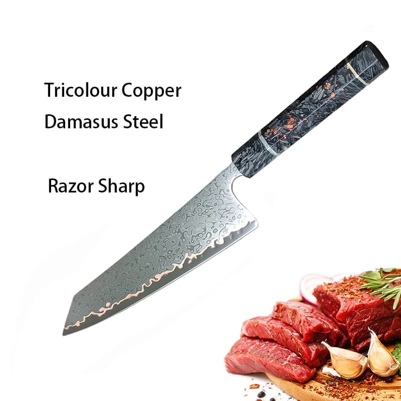 Coltello Kiritsuke da 8 pollici 37 strati tricolore rame Damasus lama in acciaio Chef mannaia affettare coltelli da cucina manico in fibra di carbonio