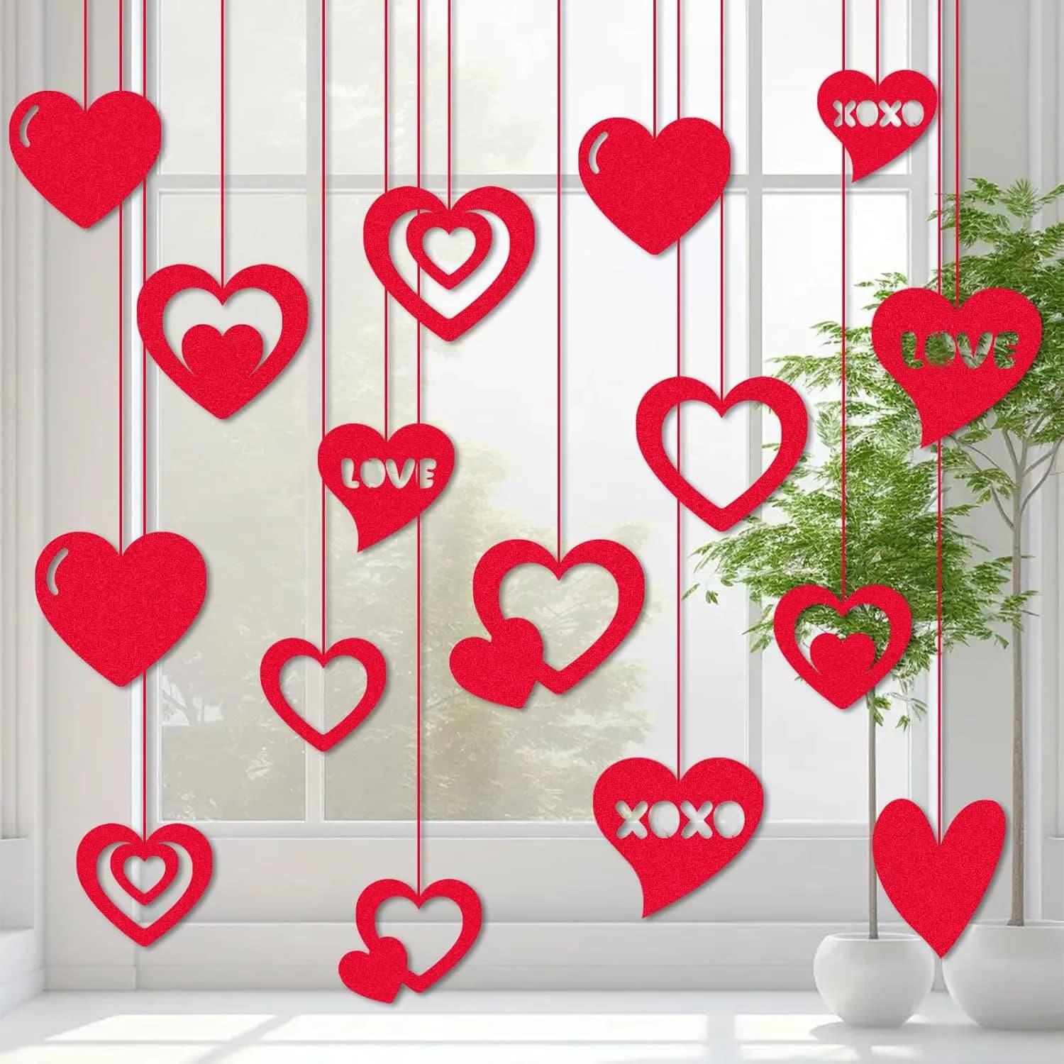 16 pezzi ornamenti per San Valentino con nastri rossi banner da appendere per San Valentino ghirlanda di San Valentino banner glitterato cuore deco