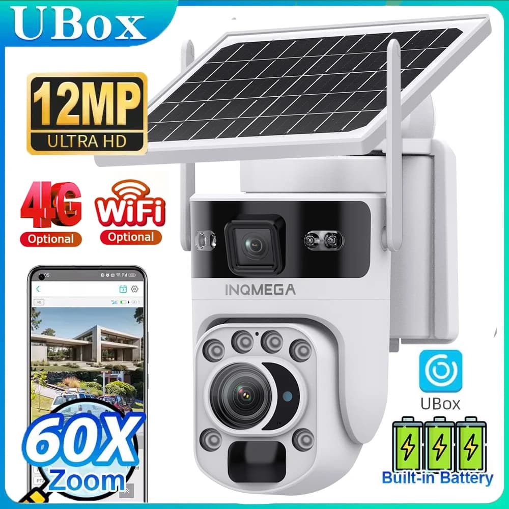 INQMEGA Telecamera di Sicurezza Solare 12MP con Zoom Ottico 60X, Esterno, 4G/WiFi, Doppio Schermo, Audio Bidirezionale, Tracciamento Automatico, App Ubox