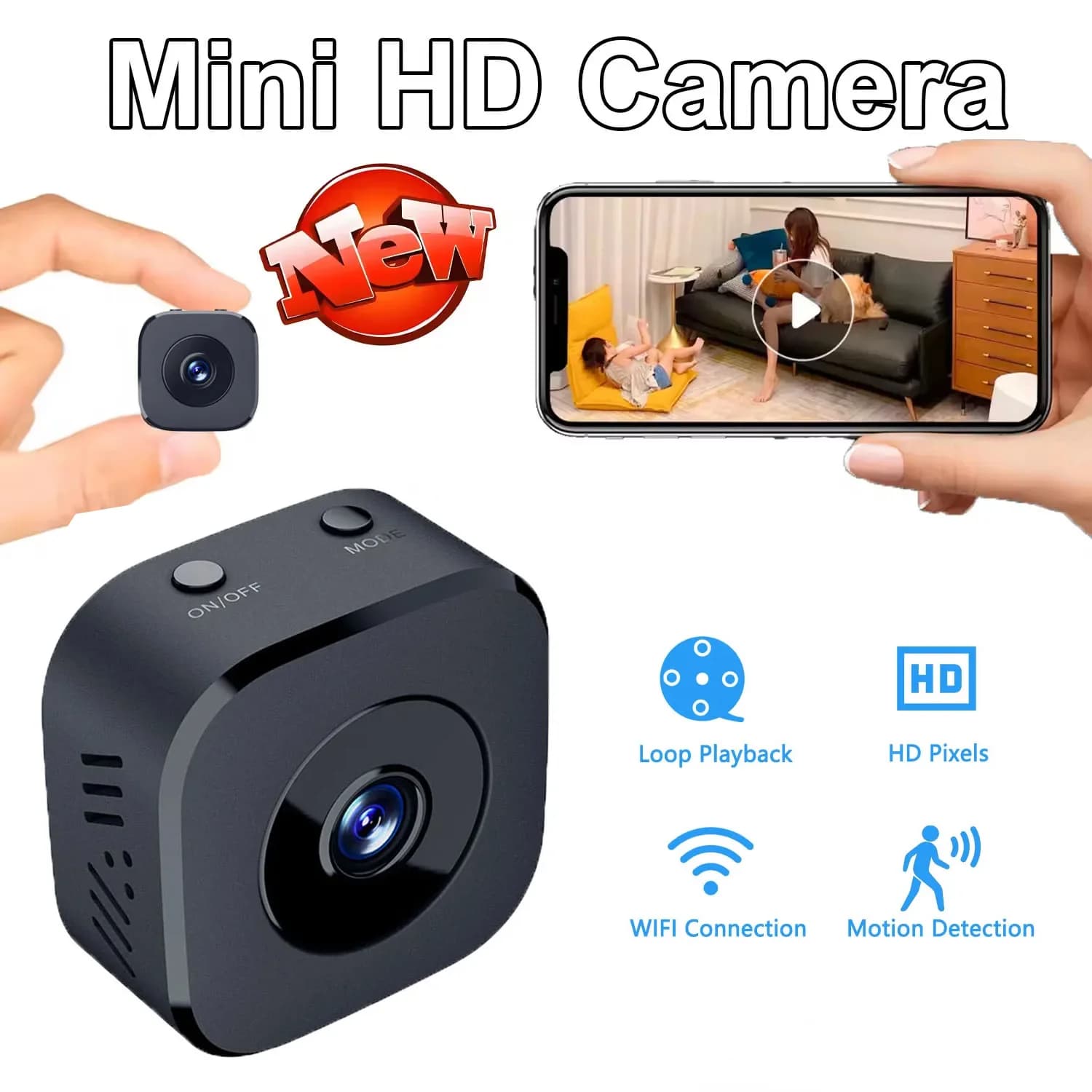 Telecamera di sicurezza HD Mini visione notturna a colori Monitor WiFi ad alta definizione Rilevazione movimento impermeabile Sorveglianza Smart Home