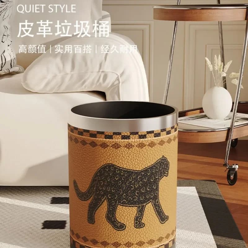 New Chinese Style Leather Waste Bin Light Luxury French Antique Paper Basket for Living Room Bedroom Kitchen Bathroom Home