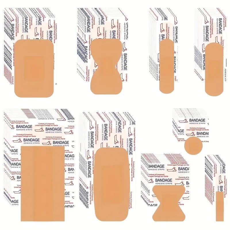 100pcs assorted adhesive bandages, featuring nine styles of breathable butterfly dressings for wound care.