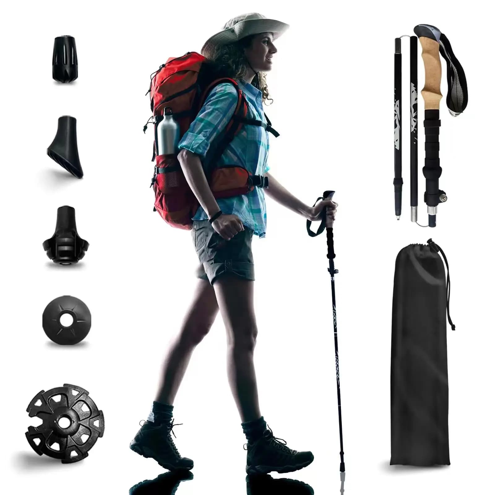 Trekking poles light folding trekking poles 7075 aluminum with cork handle 5 section walking stick for camping hiking