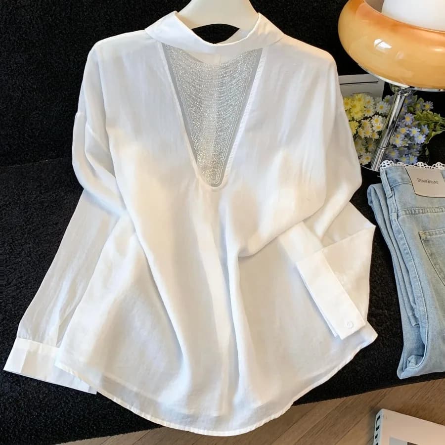 Women's Summer New Style Ice Silk Sun Protection Back Hollow Bead Curtain Chiffon Shirt Loose Fit Long Sleeve Air Conditioner...