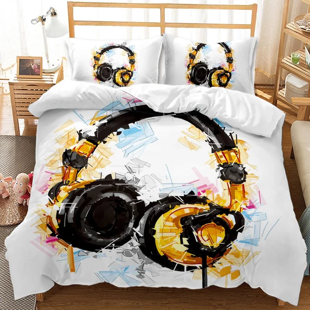 Cuffie Copripiumino Musica rock Melody Note Set di biancheria da letto Bianco freddo Cuffie Ragazzi Doppia Queen King Size Copripiumino in poliestere