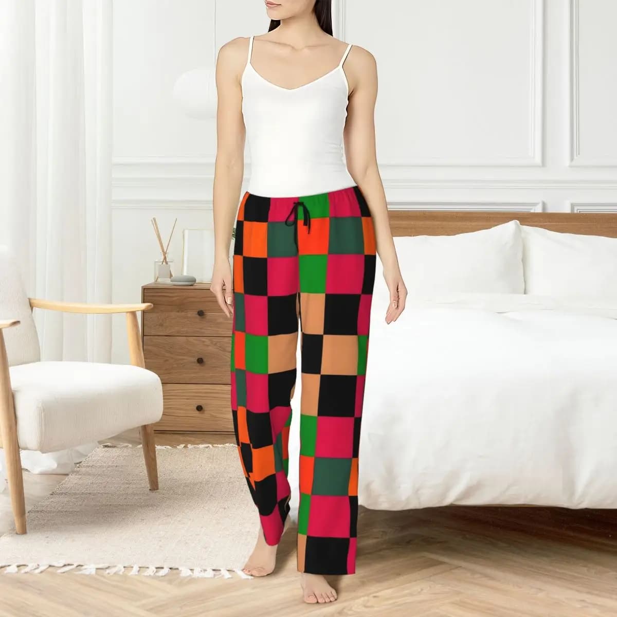 Women's Square Pants Printed Night Trousers with Colorful Printing with Pockets