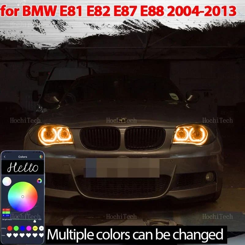 Luci LED RGB DTM con controllo tramite app, anelli luminosi Angel Eyes, luci diurne DRL per BMW Serie 1 E81 E82 E87 E88 con fari allo xeno, 2004-2013