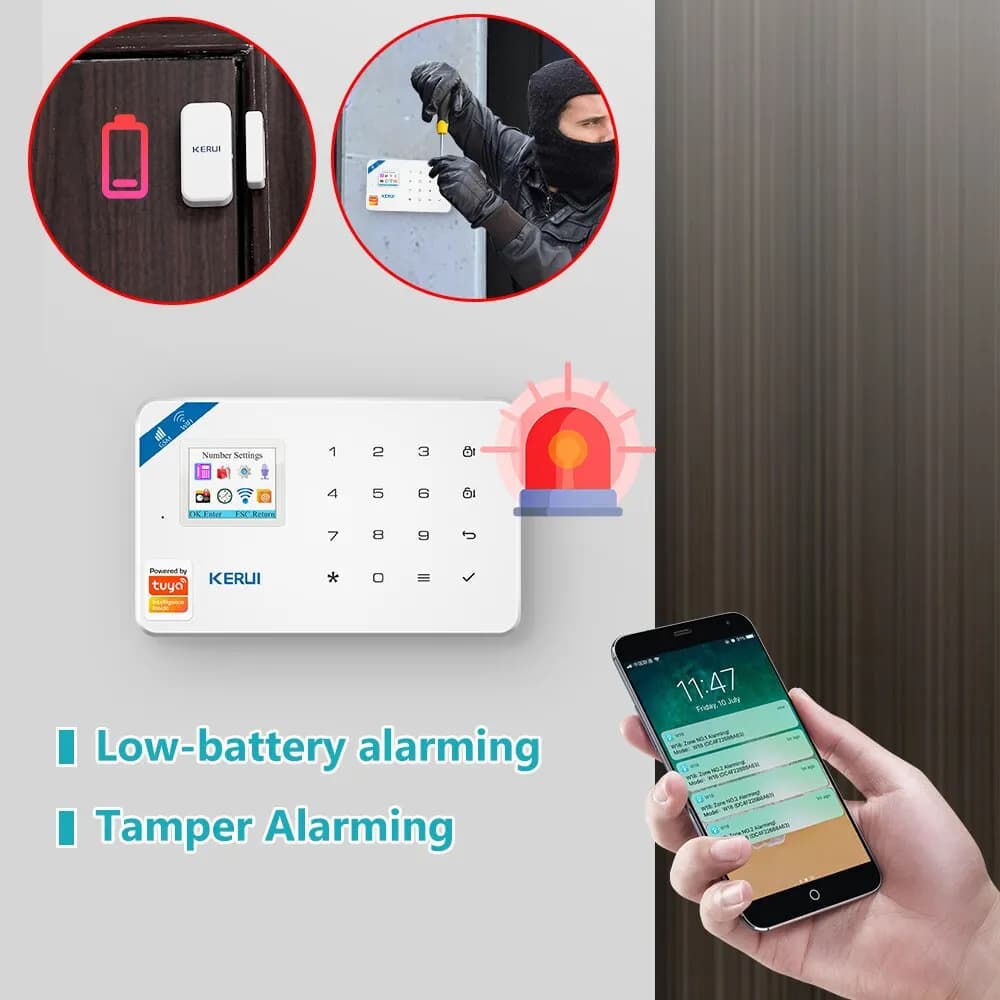 Sistema di Allarme di Sicurezza KERUI Tuya Smart WIFI GSM Compatibile con Alexa, Rilevatore di Movimento, Sensore di Fumo e Porte/Finestre, Controllo tramite APP