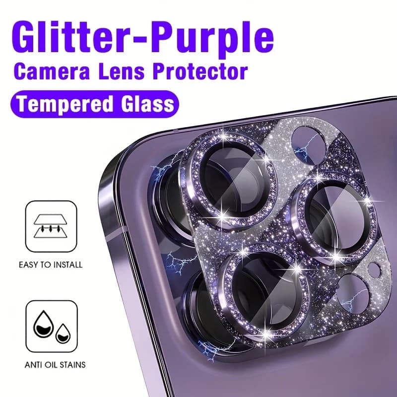 1 protezione per obiettivo fotocamera viola glitterato per iPhone 16/15/14/Plus/Pro/Pro Max, vetro temperato con durezza 9H, graffi,