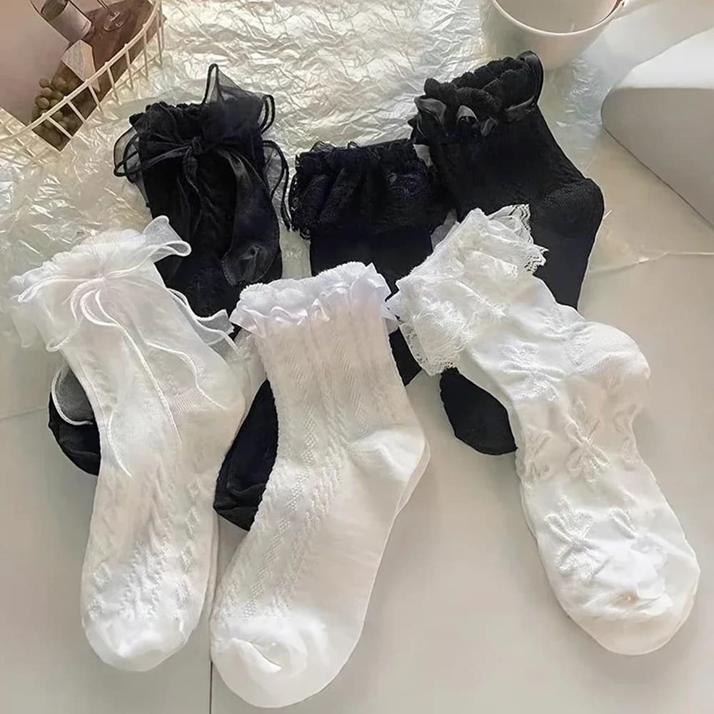6 paia di calzini da donna neri e bianchi, stile Lolita con pizzo e volant, calzini estivi sottili in stile giapponese, calzini dolci e kawaii per ragazze 2030