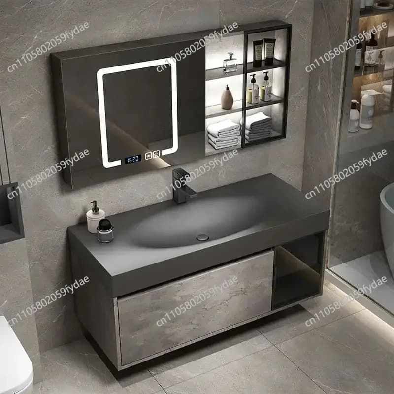 Mobile da Bagno Moderno con Specchio Intelligente, Lavabo Integrato in Pietra, Armadietti da Bagno con Lavandino, Arredamento Bagno