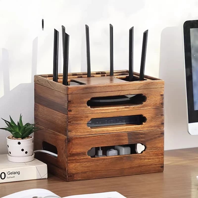 Organizzatore per Router in Legno Massello, Mensola Portacavi da Scrivania con Presa, Supporto per Modem, Organizzazione Cavi