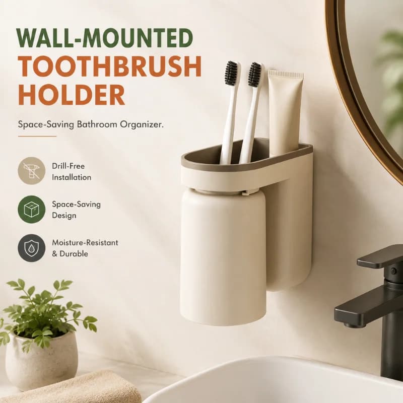 Wall‑Mounted Toothbrush Holder with Mouthwash Cup, No‑Drill Bathroom Storage Organizer