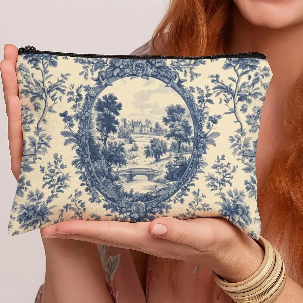 1 borsa per il trucco con stampa di paesaggi di campagna francese, custodia per cosmetici riutilizzabile, perfetta per l'uso quotidiano, i viaggi e la conservazione del trucco.