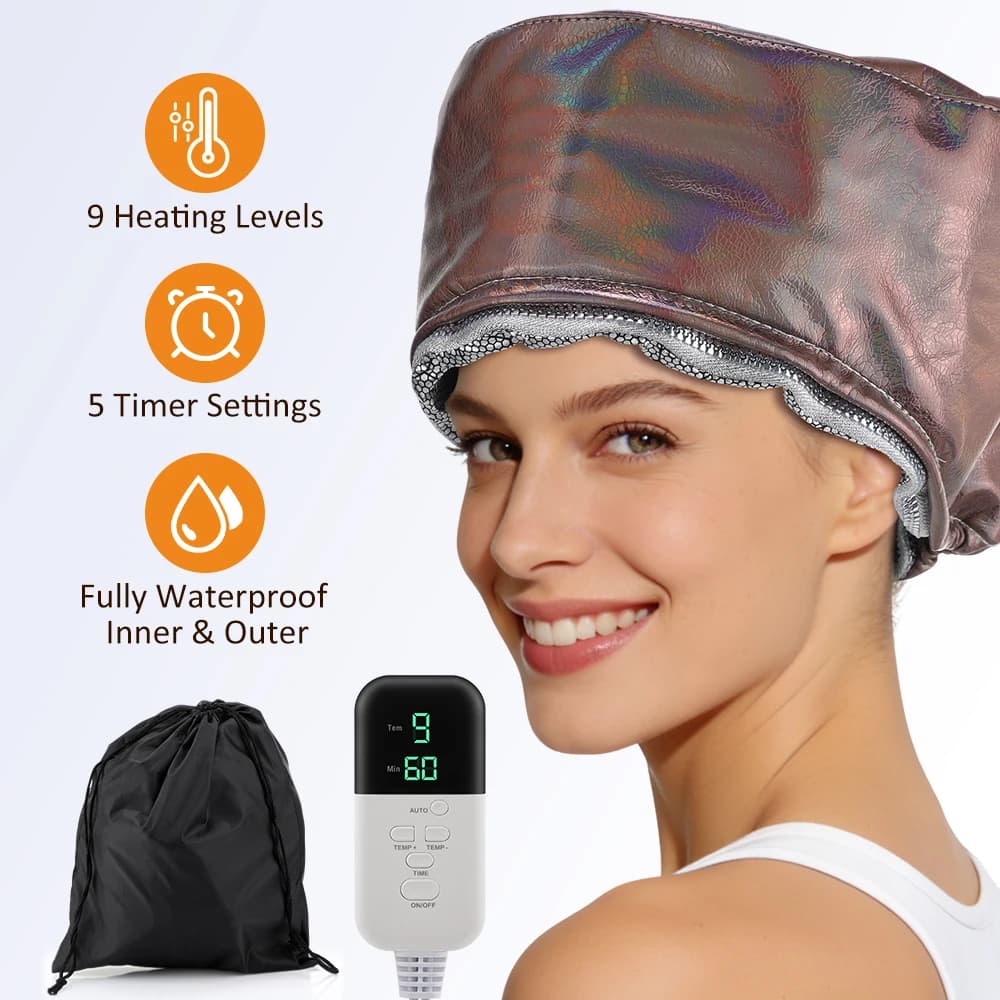 Cappello Elettrico Portatile per Trattamento Capelli a Vapore, 9 Livelli di Calore, Lavabile, per Cura dei Capelli a Casa e in Salone