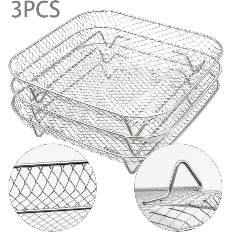 8 Inch Square Air Fryer Basket,3 Pcs Stackable 304 Stainless Steel Basket Dehydrator 3-tier Rectangle Air Fryer Rack Square