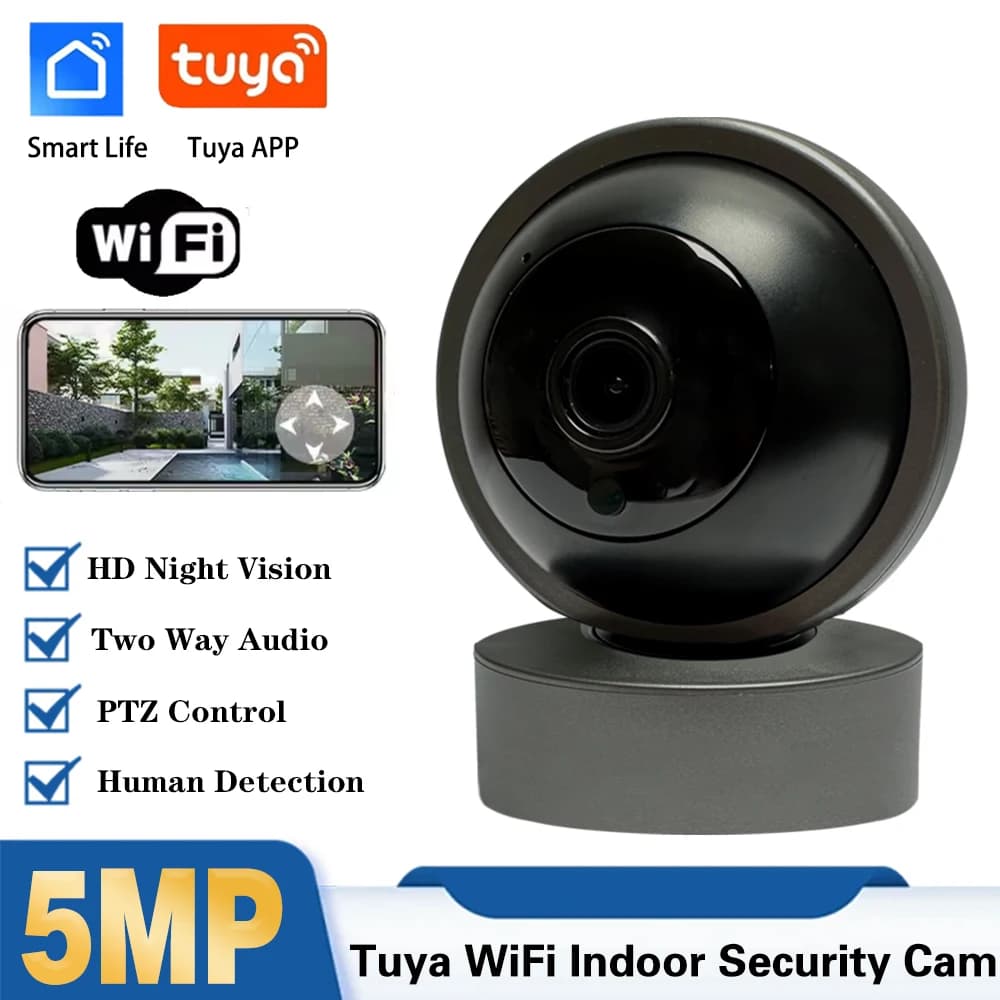 Telecamera IP PTZ WiFi Tuya per Interni 5MP, Telecamera di Sicurezza Wireless con Rilevamento Umano, Baby Monitor, Visione Notturna a Colori