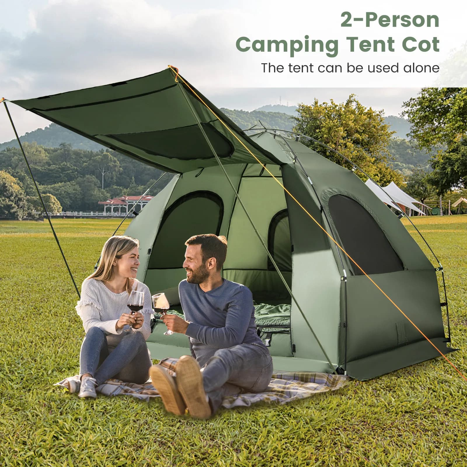 Tenda da Campeggio Pieghevole 5-in-1 per 2 Persone con Materasso ad Aria e Sacco a Pelo