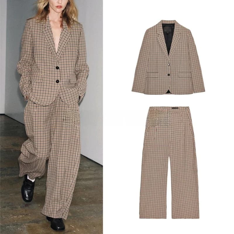 Completo da Donna con Giacca a Quadri a Maniche Lunghe, Colletto Rovesciato, Taglio Dritto 8782869 e Gonna Midi a Pieghe a Gamba Larga 8775869 - Set Moda