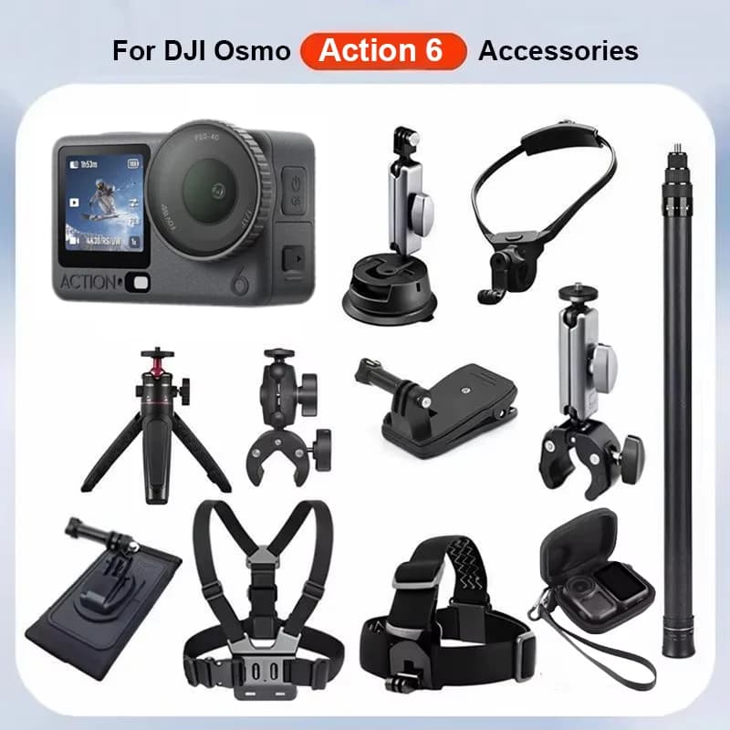 DJI Action 6 accessory kit: neck support, selfie stick, chest and head support, cycling and shooting accessories, camera tripod