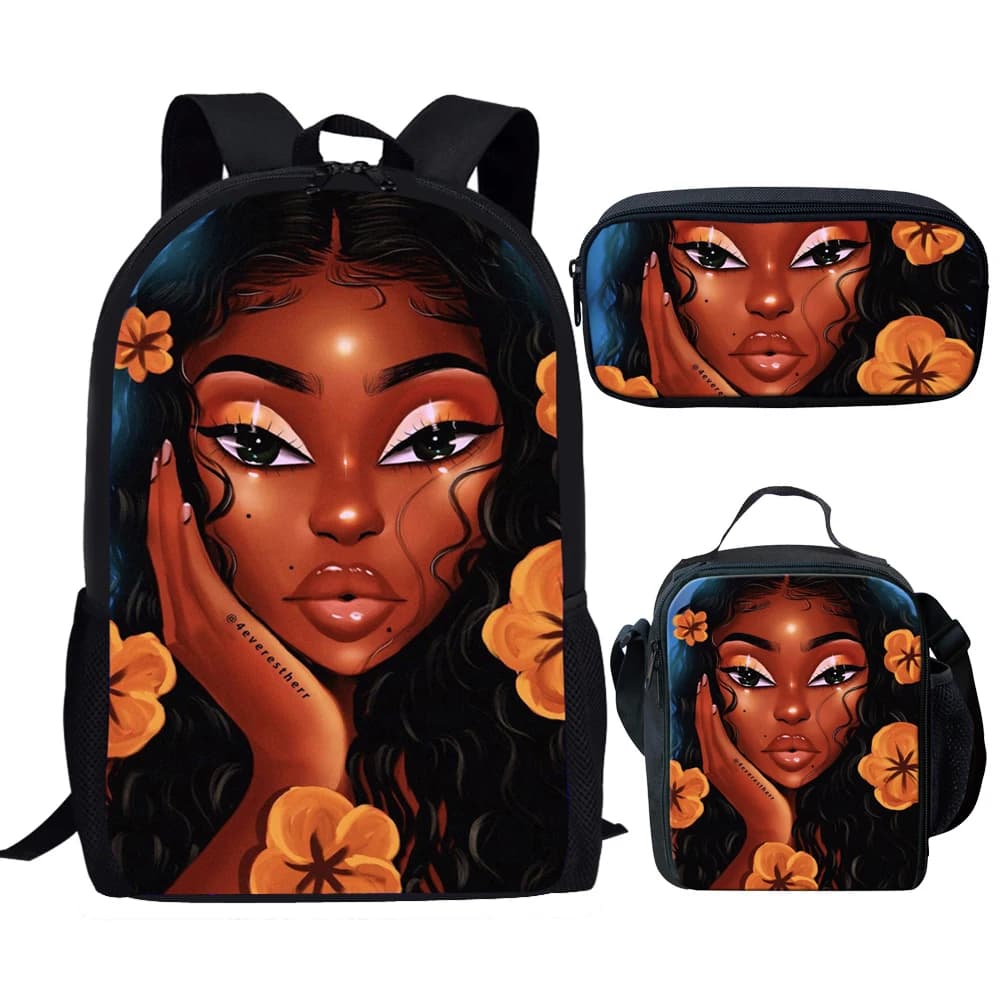 Hip Hop Harajuku Divertenti ragazze africane 3 pz/set Zaino Stampa 3D Studente Bookbag Viaggio Laptop Daypack Borse per il pranzo Astucci per matite