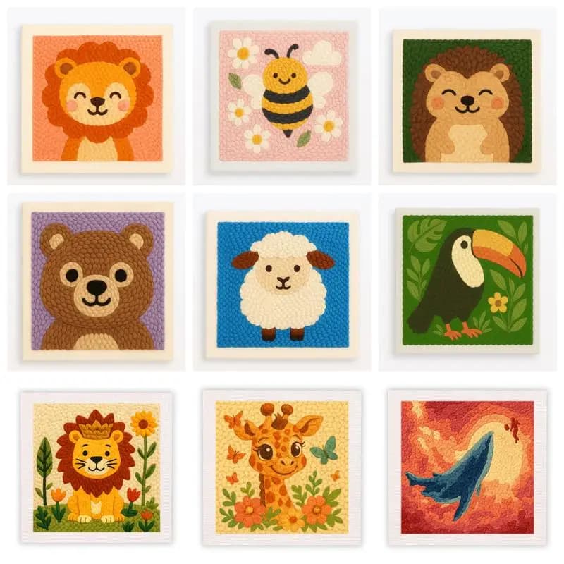 CHENISTORY 25x25cm Punch Needle Embroidery Kit for Beginners Cute Animal Crafts Easy Punch Stitching with Tools for Home Decor