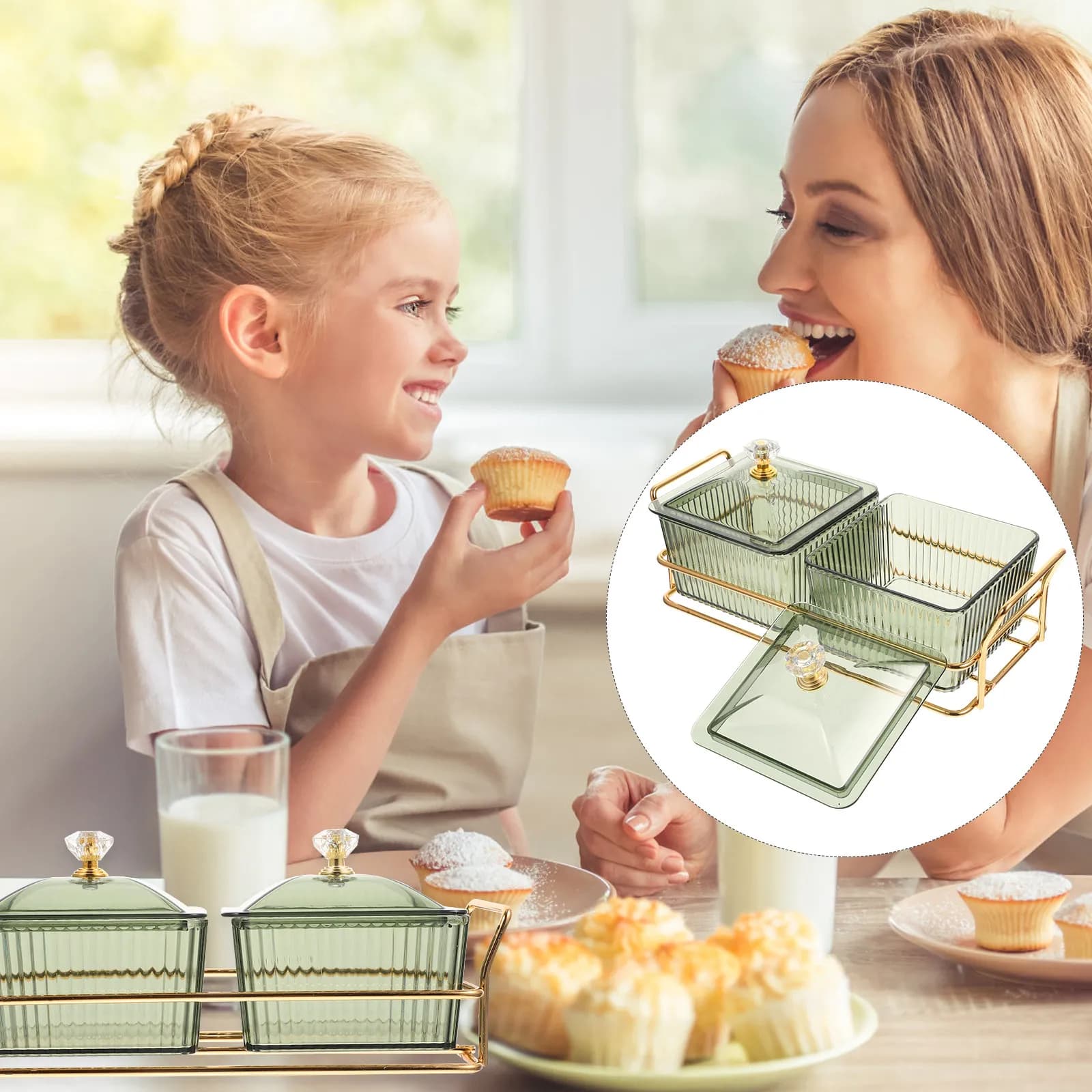 Set di Lusso: Vassoio in Metallo Leggero con Scomparti per Frutta, Piatto Multi-Griglia per Snack, Frutta Secca, Noci, Caramelle, Biscotti, Natale