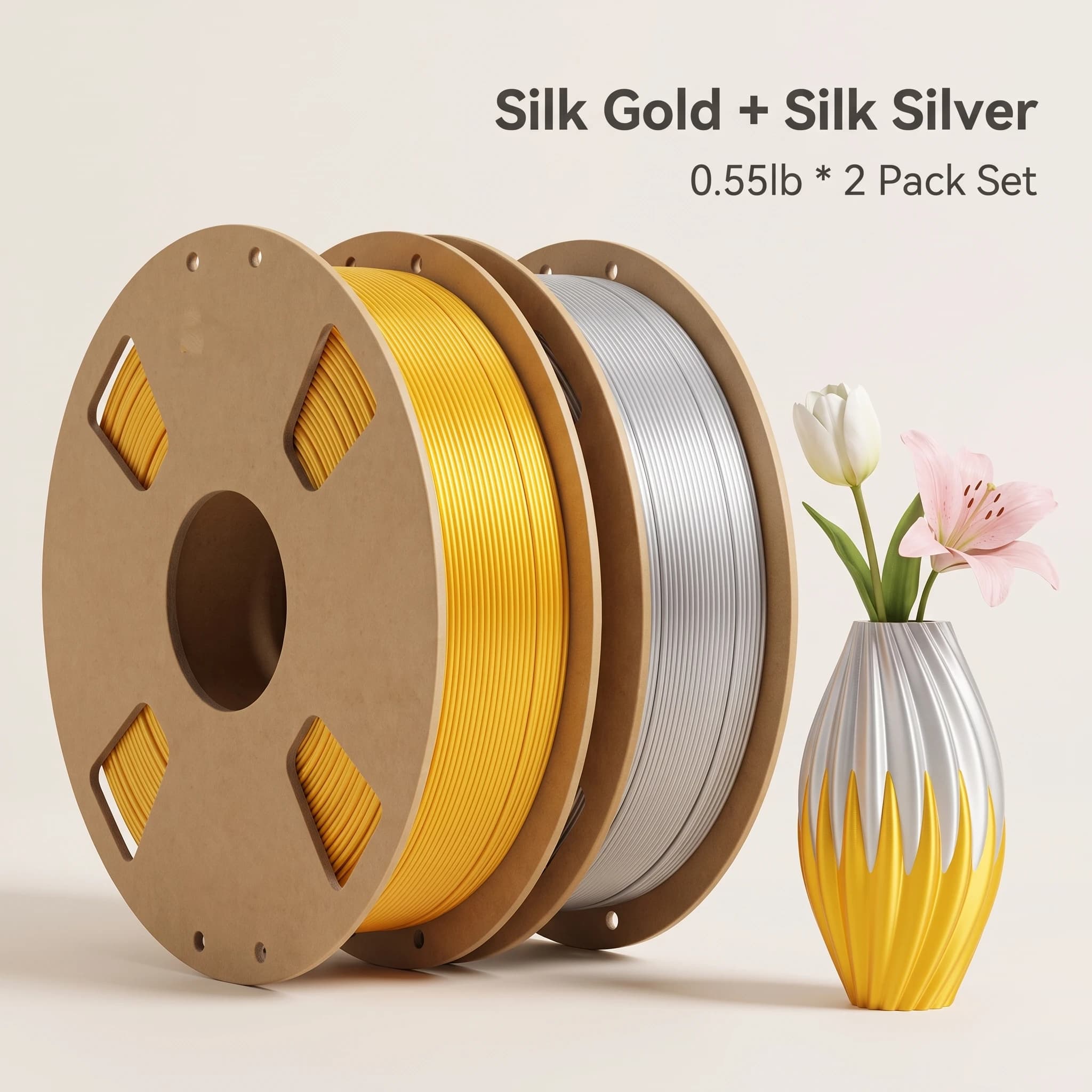 Silk PLA 3D Printing Filament 250g X2 Pack Silk Gold Silver Metallic Gloss Finish 1.75mm Low Shrinkage 3D Printer Material