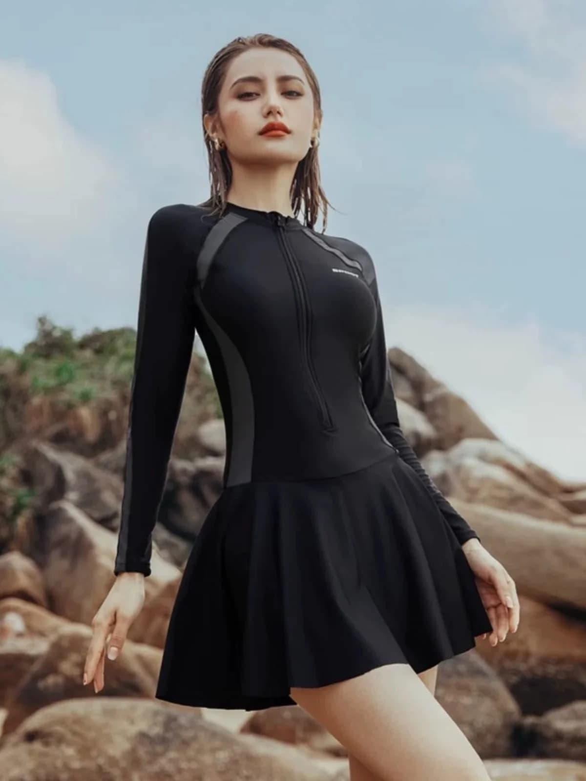 Costume da bagno intero da donna a maniche lunghe, termico, con protezione solare, taglie forti, che nasconde le imperfezioni, per donna, casual