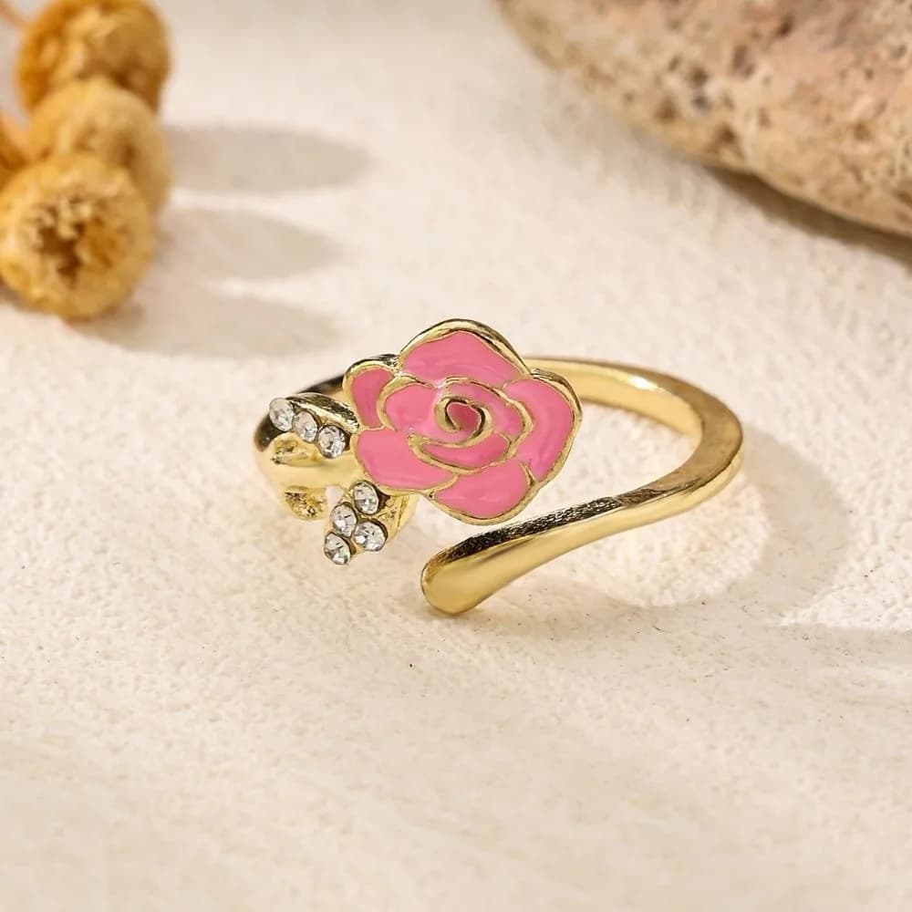 4 simple rings with flower shape rhinestones, luxury crystal open rings, alloy adjustable, women's finger jewellery