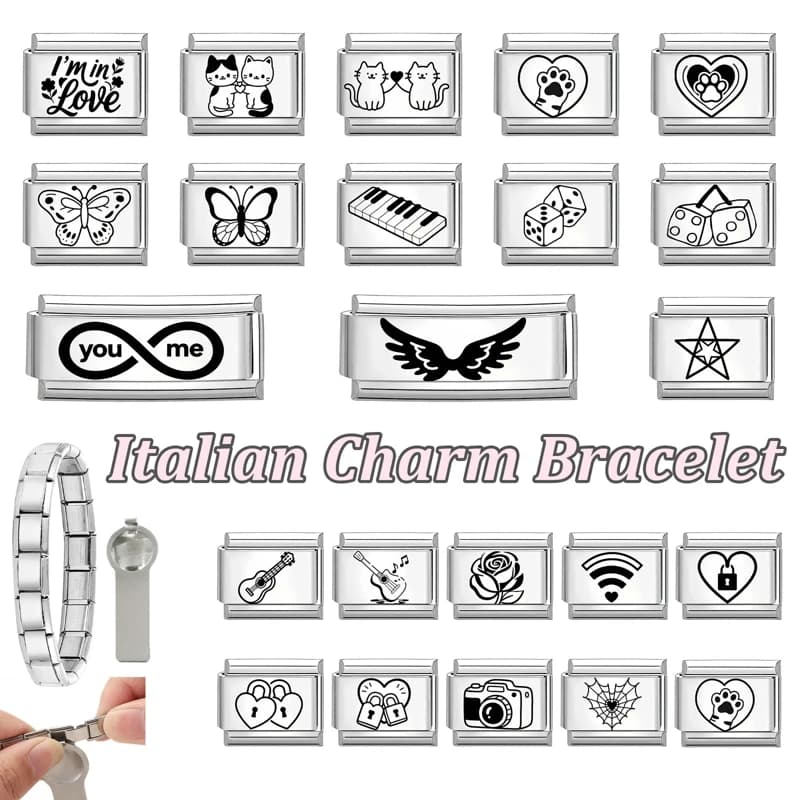 Y2K laser engraving cats lock butterfly Italian pendants suitable links stainless steel bracelet 9 mm DIY creation of gifts for lovers couples