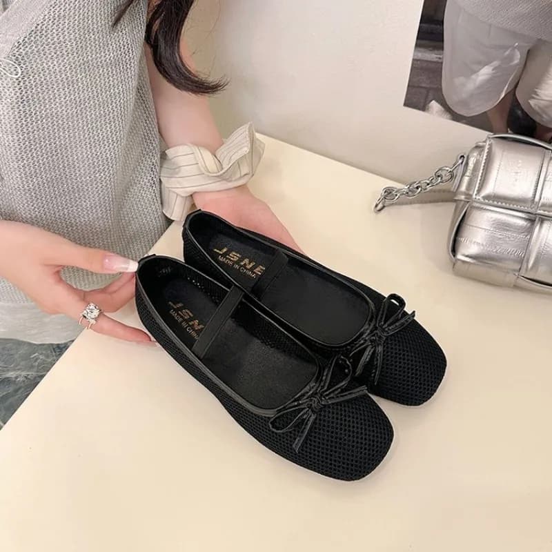 Women Flats Mesh Breathable Summer Shoes Bowknot Mary Janes Square Toe Slip on Casual Ballet Flats Comfortable Walking Footwear