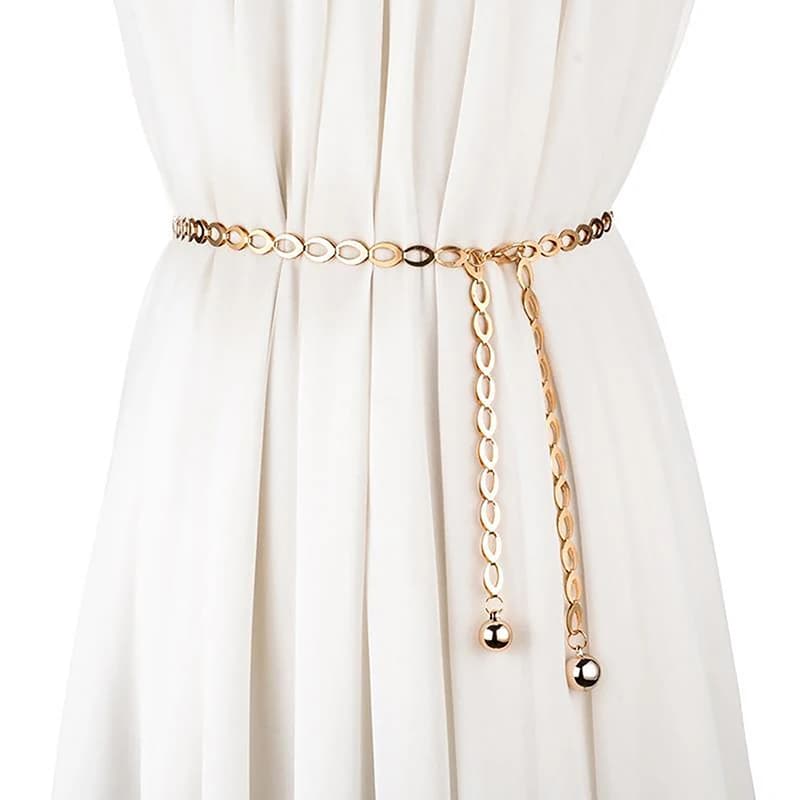 Retro Hollow Silver Carved Chain Belt Elegant Round Metal Waistband for Women
