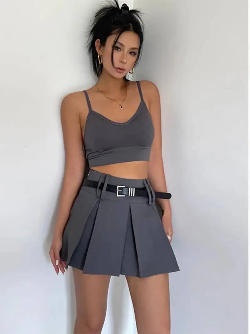 WOMENGAGA Gonna a pieghe con cintura Primavera Estate Nuova gonna a vita alta a mezza lunghezza da donna Uniforme scolastica V9TX