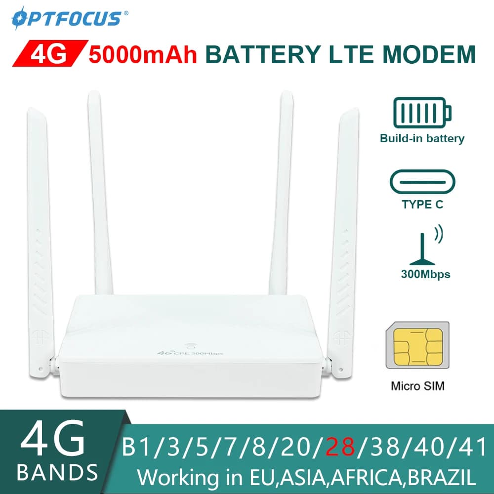 OPTFOCUS 300Mbps 4G LTE Router Modem USB typeC 5000mah batteria 4G WIFI SIM Card con 4 antenne Hotspot Mobile 4G CPE wi-fi