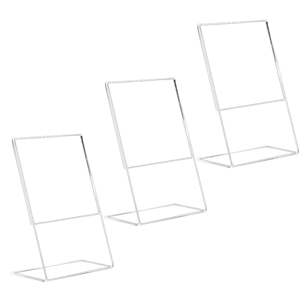 Supporti per cartelli in acrilico da 3 pezzi, espositori trasparenti a forma di L, porta menu da tavolo, porta etichette, porta foto per riunioni in ufficio