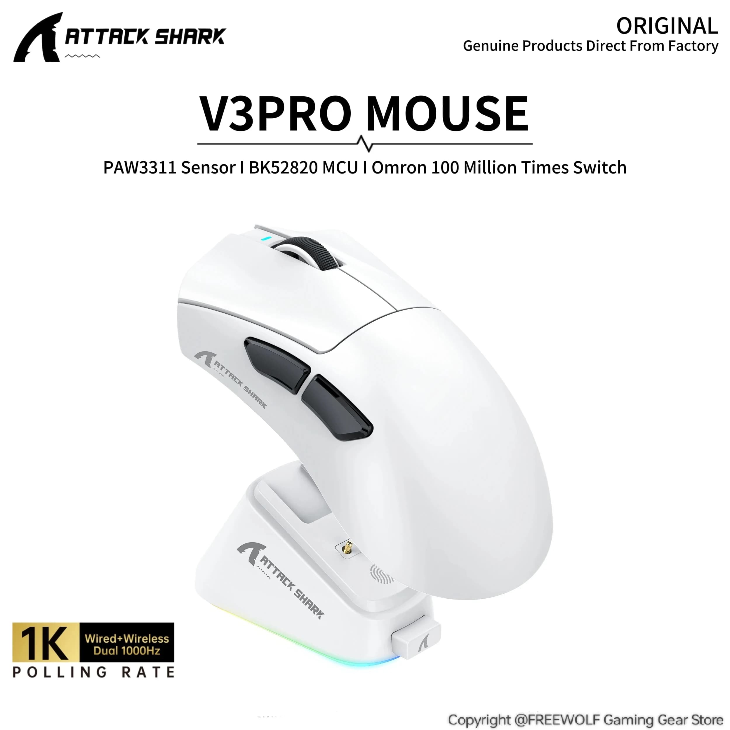 Mouse Wireless Bluetooth Attack Shark V3Pro 1000 Hz, Sensore PAW3311, Dock di Ricarica Magnetico RGB, Mouse Leggero per PC/Web