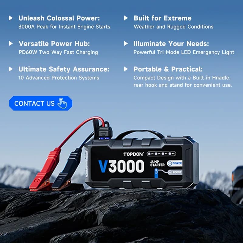 TOPDON V3000 3000A PD60W Avviatore d'Emergenza per Auto con Ricarica Rapida Bidirezionale, Booster Portatile per Auto, Avviatore con Super Condensatore