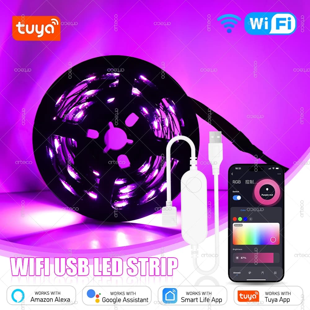 DC5V Tuya WiFi USB LED Strip Vita intelligente APP Controllo Cambio colore 5050 RGB TV Retroilluminazione Lampada flessibile Nastro per la decorazione della stanza