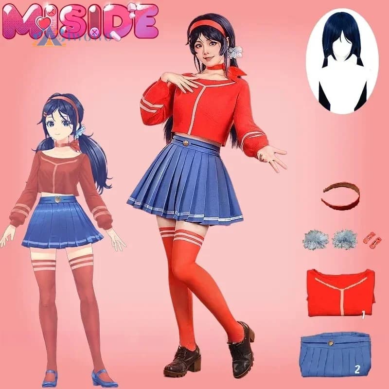 Gioco MiSide Mita Costume Cosplay Parrucca Maglione Rosso Pieghe Gonna Uniforme JK Vestito Delle Donne Delle Ragazze Cosplay Outfit Copricapo Set Completo Del Partito