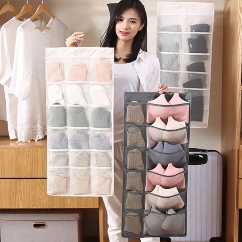Wall Hanging Fabric Underwear Sock Storage Organizer Double Side Wardrobe Pouch