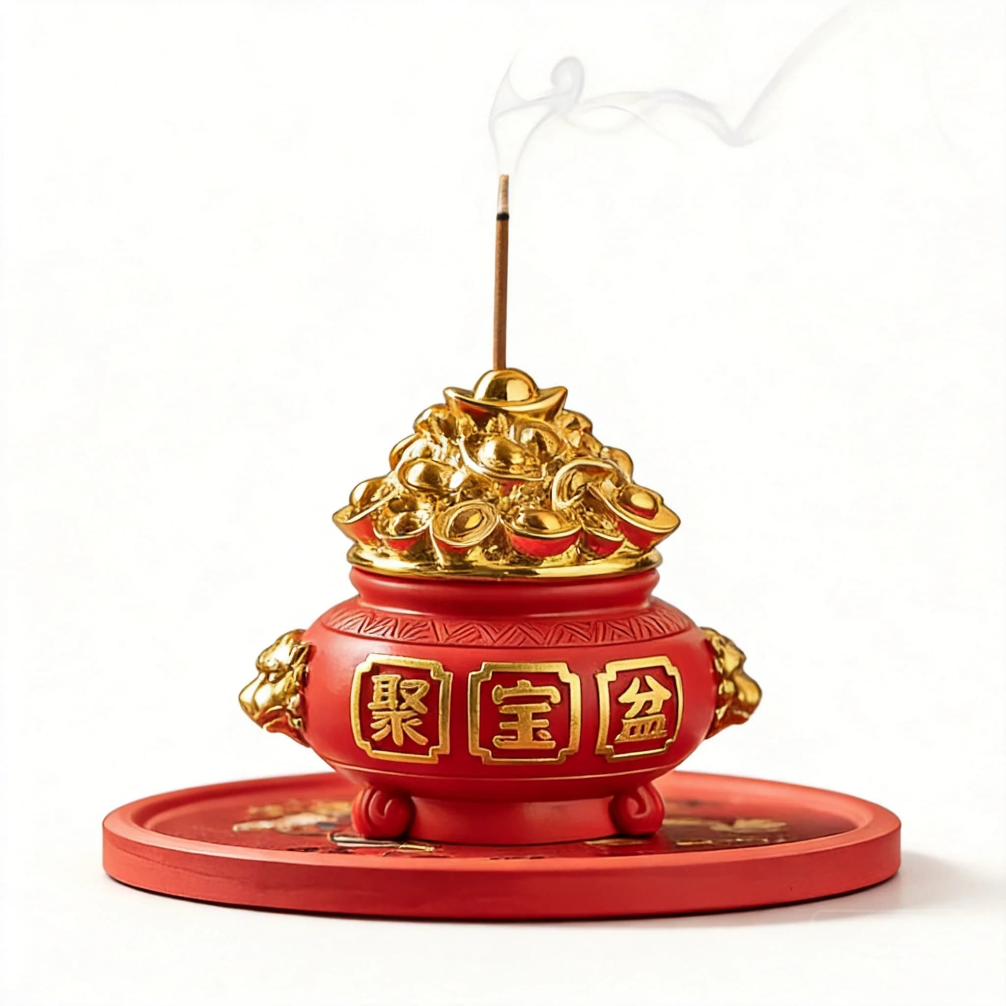 Chinese Style Lucky Treasure Bowl Incense Stick Holder Vintage Red Gold Incense Burner For Home Desktop Tea Room Aromatherapy