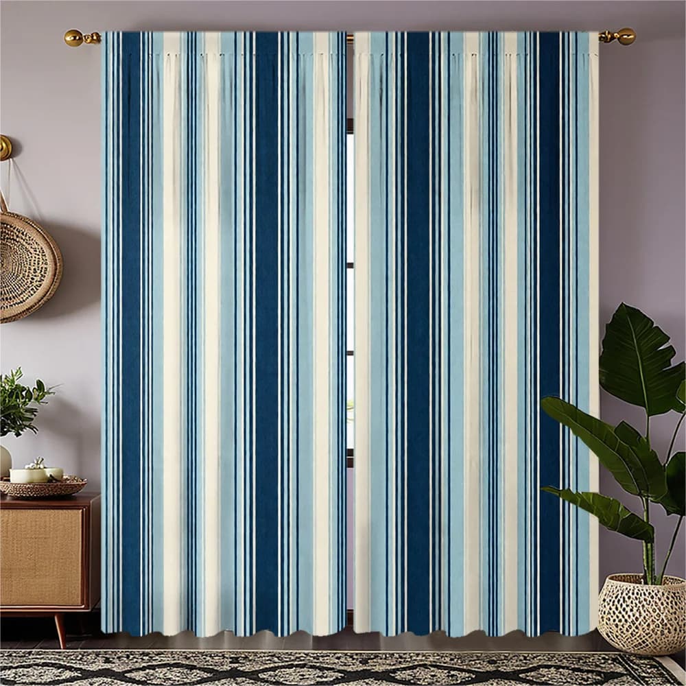 2pc Blue and White Vertical Striped Curtain Pair Living Room Curtains Modern Aesthetic Drapes Window Curtains for Home Decor